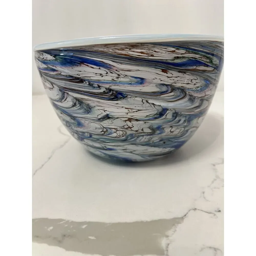 Murano Style Bowl Hand Blown Art Glass Cobalt Blue Swirl 8x6